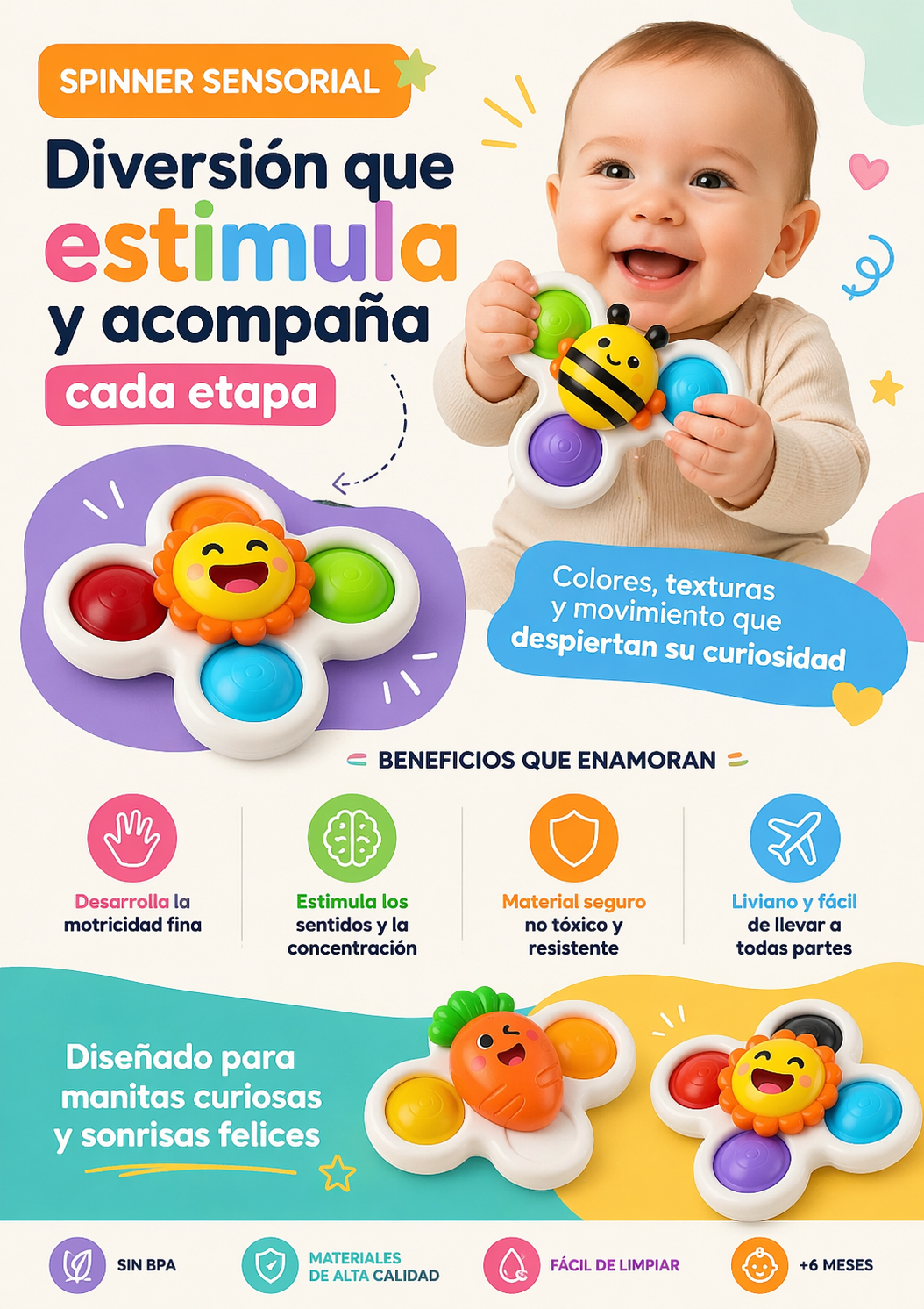 Set X3 Spinner Sensorial Bebé Animales Con Ventosa